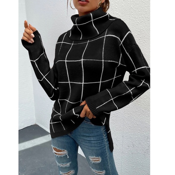 Black Grid Printed Long Sweater Plaid Pattern Split Sides Pullover Turtleneck - Picture 6 of 14